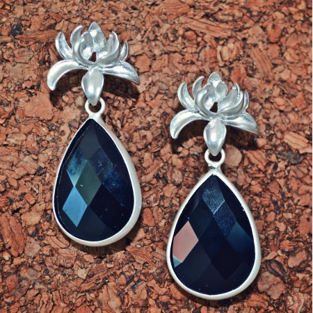 Silver Lotus Earrings with Black Onyx Drops